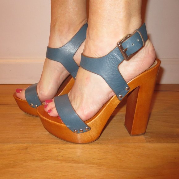 DSQUARED2 Medium Blue Leather Wood Platform High Heeled Sandals - Picture 3 of 9